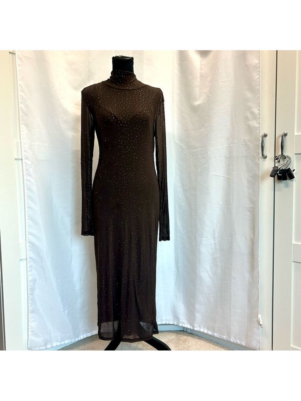 AFRM Los Angeles dark brown Shailene crystal Rhinestone embellished mesh Dress L - Picture 3 of 15